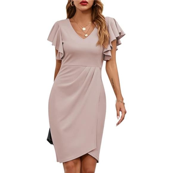 Women's V Neck Ruffle Sleeve Bodycon Sheath Wrap Ruched  Cocktail  Dresses - Picture 1 of 4